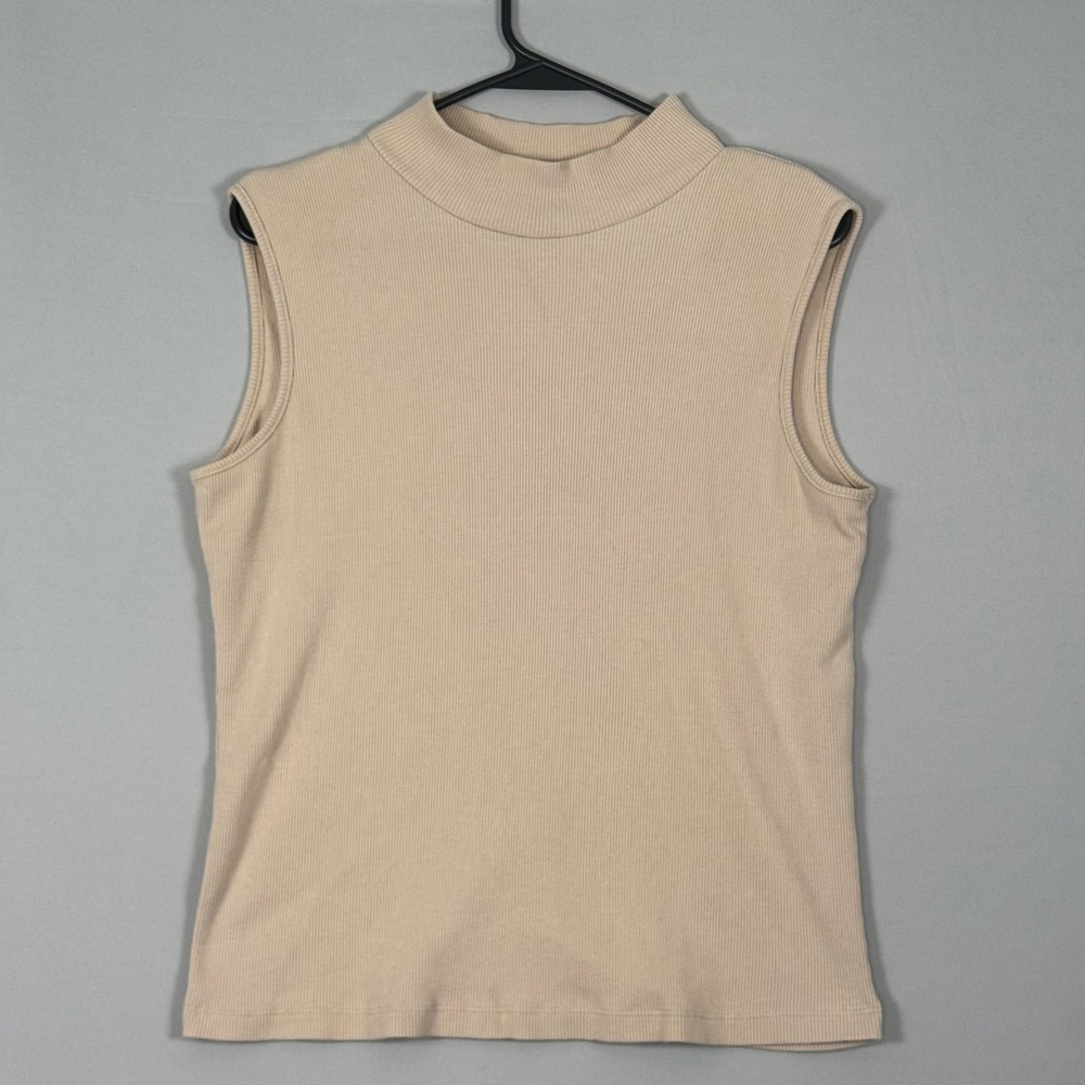 Mountain Lake Mock Neck Tank Top Womens Large Tan Good Vintage Ribbed Y2K